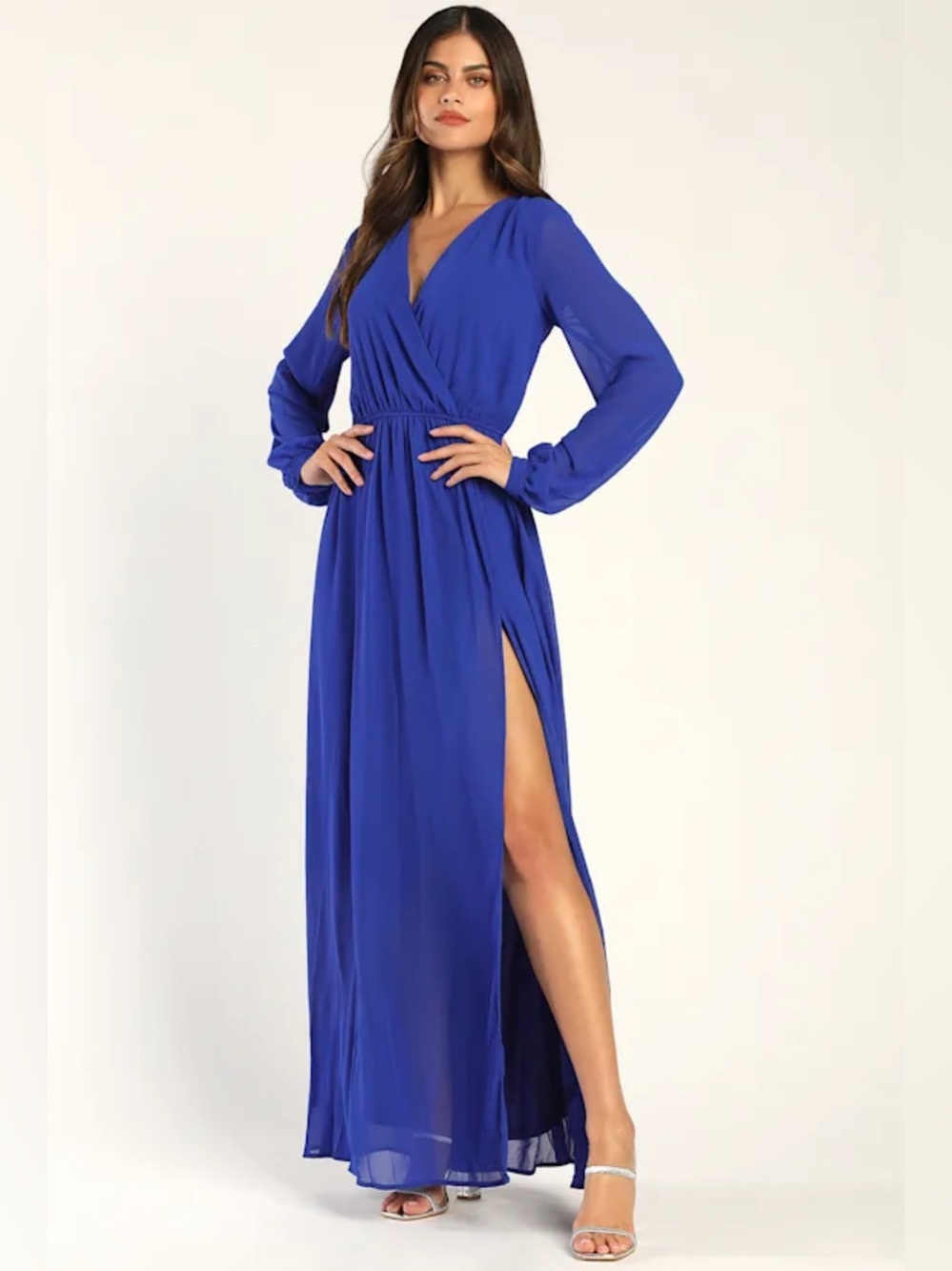 Lulus Wondrous Water Lilies Royal Blue Slit Maxi Dress M